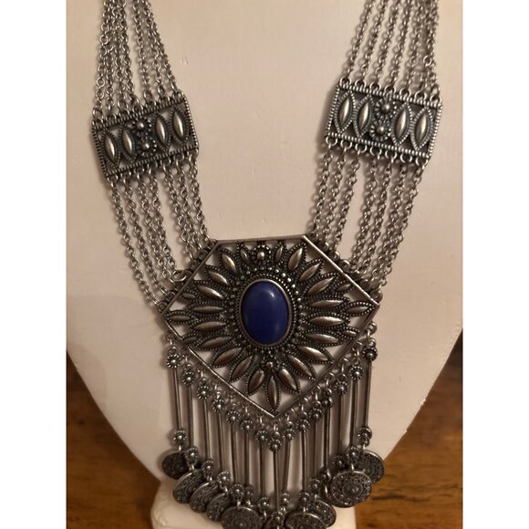 Boho Gypsy Coin Bib Necklace Bold Silver Statement With Blue Stone - Picture 12 of 16